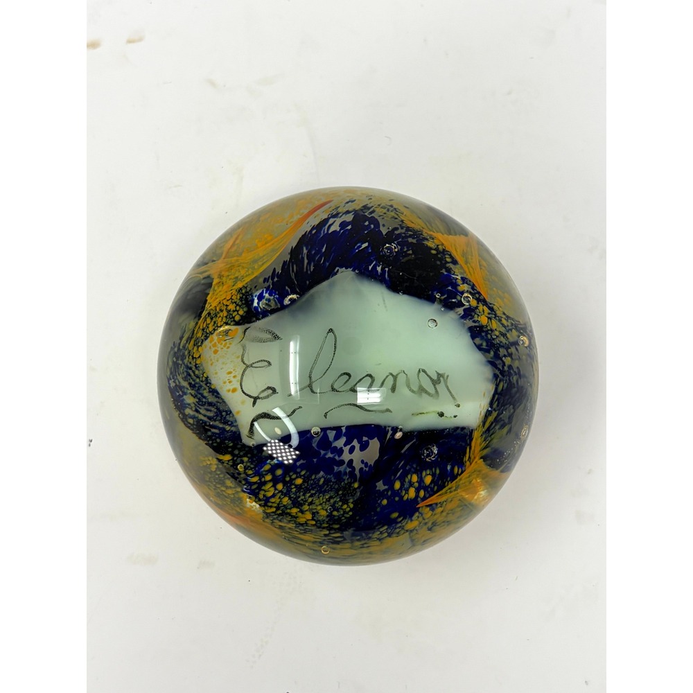 Antique Art Glass Paperweight Eleanor Name Souvenir Blue Yellow Spatter Glass - Picture 1 of 5